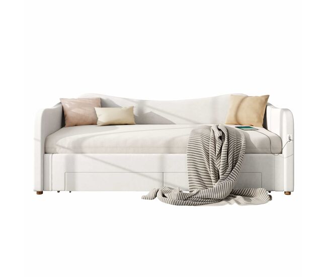 Cama tipo daybed 90x200 cm - 2 cajones de almacenamiento, sofá cama extensible 180 cm, con puerto usb - beige