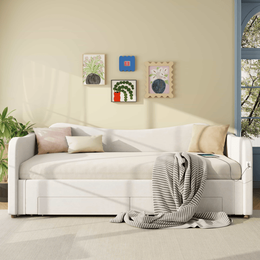 Cama tipo sofá-cama 90x200 cm - 2 gavetas de arrumação, sofá-cama extensível 180 cm, com porta USB - bege