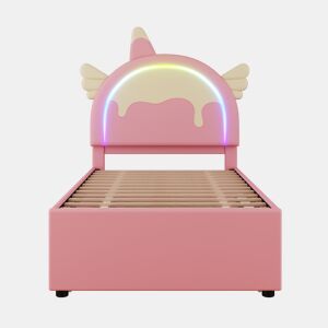 Cama de criança 90x200cm com cama com gavetão 90x190cm - cabeceira em forma de unicórnio com LED - em pele sintética - Rosa