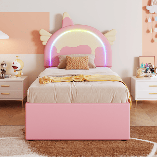 Cama de criança 90x200cm com cama com gavetão 90x190cm - cabeceira em forma de unicórnio com LED - em pele sintética - Rosa