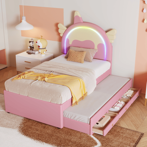 Cama de criança 90x200cm com cama com gavetão 90x190cm - cabeceira em forma de unicórnio com LED - em pele sintética - Rosa