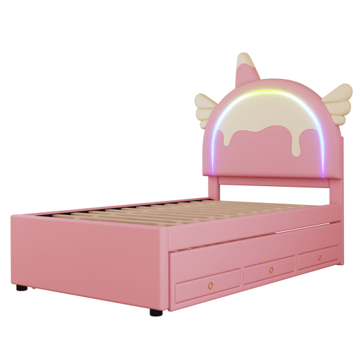 Cama de criança 90x200cm com cama com gavetão 90x190cm - cabeceira em forma de unicórnio com LED - em pele sintética - Rosa