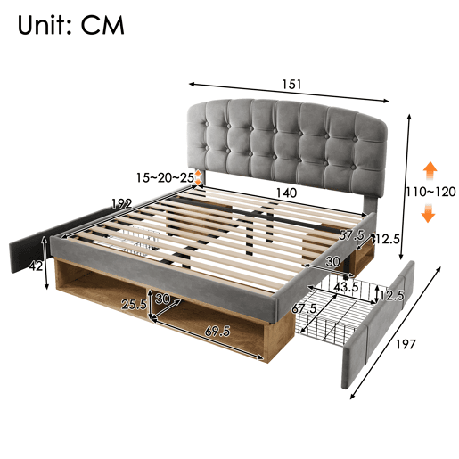 Cama de casal de veludo 140x190 cm,cinza