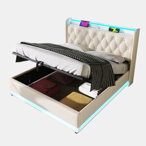 Cama de casal de linho 140x190 cm com armazenamento e luz led,branco