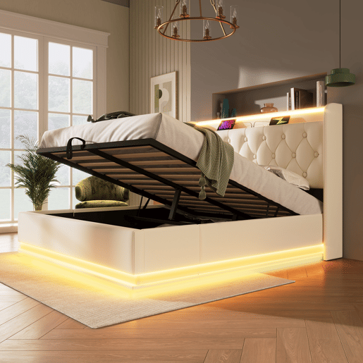 Cama de casal de linho 140x190 cm com armazenamento e luz led,branco
