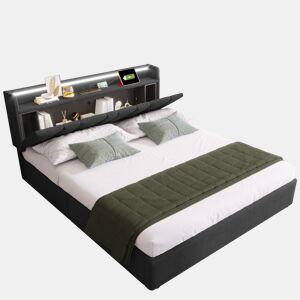 Cama de casal de linho 140x190 cm com armazenamento e luz led,cinza