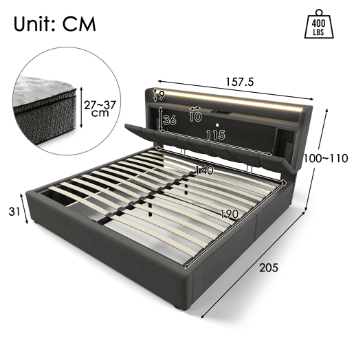 Cama de casal de linho 140x190 cm com armazenamento e luz led,cinza