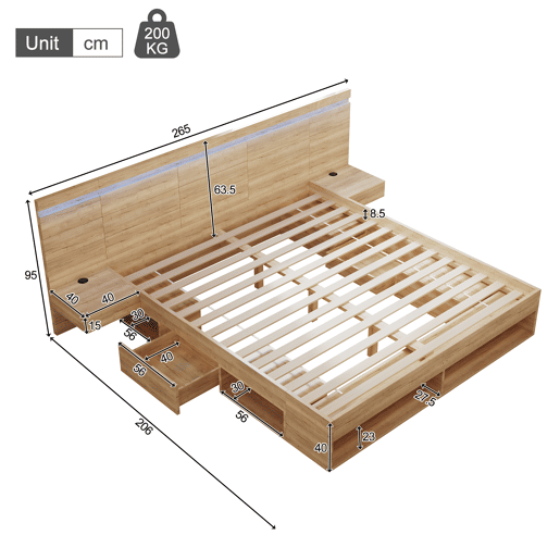 Cama de casal de mdf 180x200 cm com luz led,natural