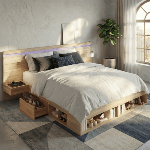 Cama de casal de mdf 180x200 cm com luz led,natural