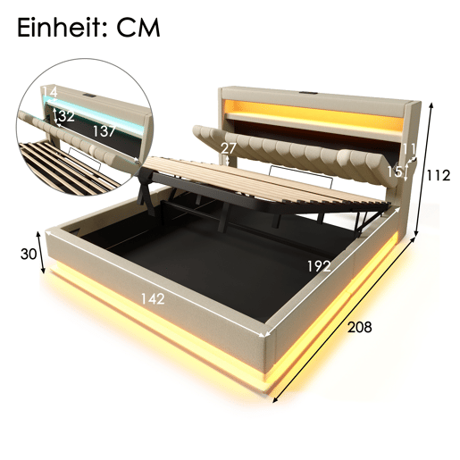 Cama de casal de linho 140x190 cm com armazenamento e luz led,bege