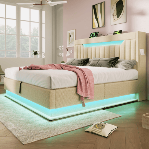 Cama de casal de linho 140x190 cm com armazenamento e luz led,bege