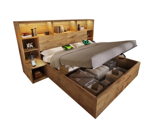 Cama de matrimonio de madera maciza 160x200 cm con almacenaje y luz led,natural