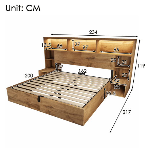 Cama de casal de madeira maciça 160x200 cm com armazenamento e luz led,natural Cama de casal de madeira maciça 160x200 cm com armazenamento e luz led,natural