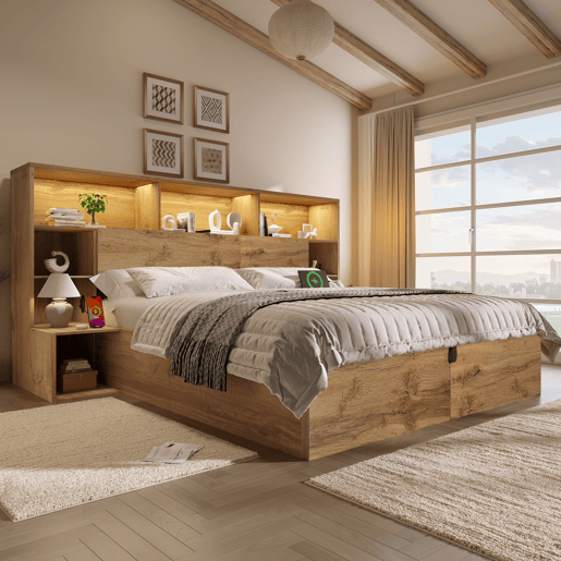 Cama de casal de madeira maciça 160x200 cm com armazenamento e luz led,natural Cama de casal de madeira maciça 160x200 cm com armazenamento e luz led,natural