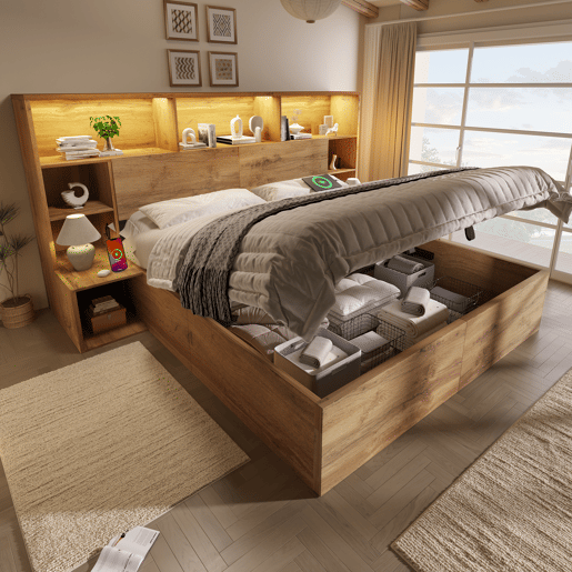 Cama de casal de madeira maciça 160x200 cm com armazenamento e luz led,natural Cama de casal de madeira maciça 160x200 cm com armazenamento e luz led,natural