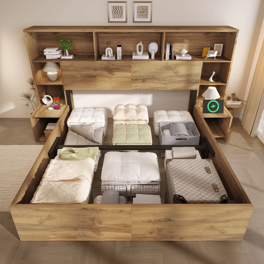 Cama de casal de madeira maciça 160x200 cm com armazenamento e luz led,natural Cama de casal de madeira maciça 160x200 cm com armazenamento e luz led,natural