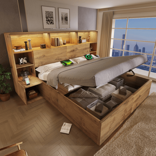 Cama de casal de madeira maciça 160x200 cm com armazenamento e luz led,natural Cama de casal de madeira maciça 160x200 cm com armazenamento e luz led,natural
