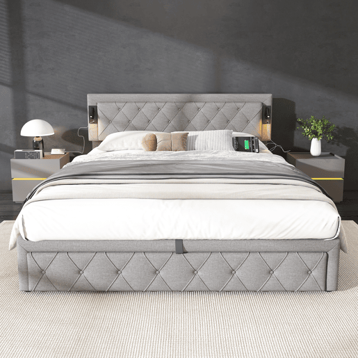 Cama de casal de linho 180x200 cm com armazenamento,cinza
