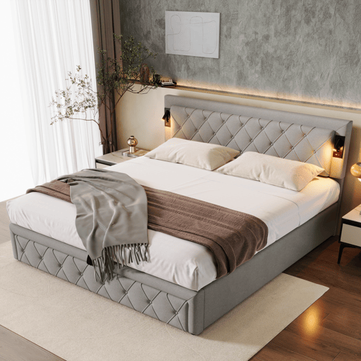 Cama de casal de linho 180x200 cm com armazenamento,cinza