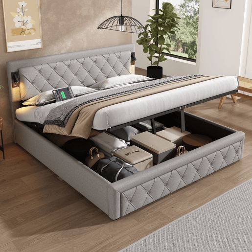 Cama de casal de linho 180x200 cm com armazenamento,cinza