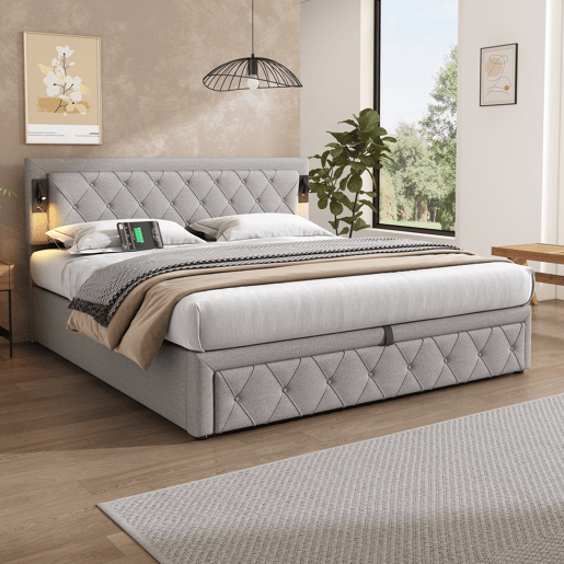 Cama de casal de linho 180x200 cm com armazenamento,cinza