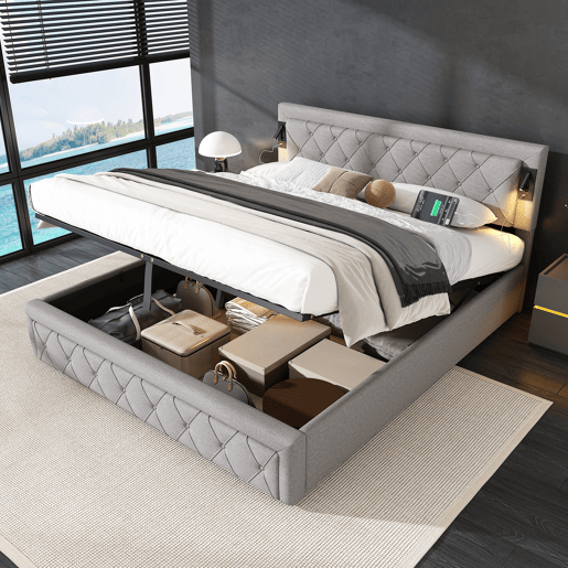 Cama de casal de linho 180x200 cm com armazenamento,cinza