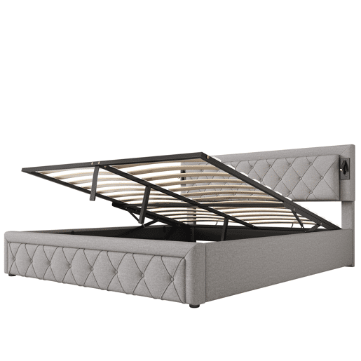 Cama de casal de linho 180x200 cm com armazenamento,cinza