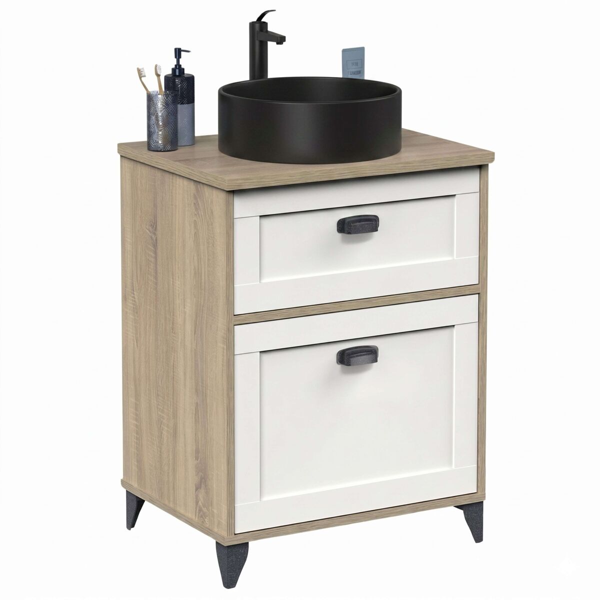 Mueble baño 61 cm toscana 1 cajón blanco y roble (con lavabo cerámico)
