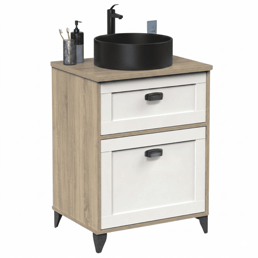 Armário de banheiro Toscana 61 cm com 1 gaveta, branco e carvalho (com pia de cerâmica)