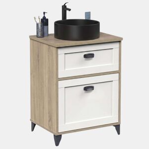 Armário de banheiro Toscana 61 cm com 1 gaveta, branco e carvalho (com pia de cerâmica)