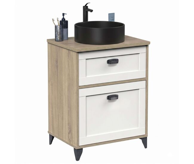 Mueble baño 61 cm toscana 1 cajón blanco y roble (con lavabo cerámico)