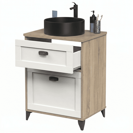 Armário de banheiro Toscana 61 cm com 1 gaveta, branco e carvalho (com pia de cerâmica)