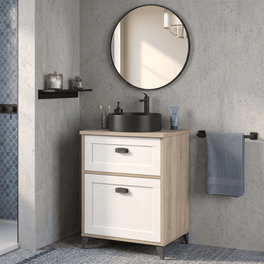 Armário de banheiro Toscana 61 cm com 1 gaveta, branco e carvalho (com pia de cerâmica)