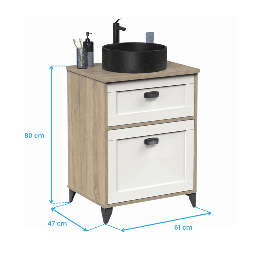 Armário de banheiro Toscana 61 cm com 1 gaveta, branco e carvalho (com pia de cerâmica)