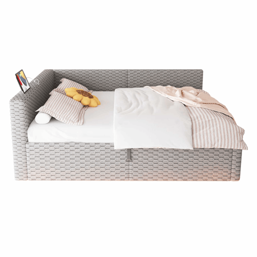 Cama de casal estofada 140x200 cm - com LED, USB e encosto em L, estrutura hidráulica, veludo - Cinza