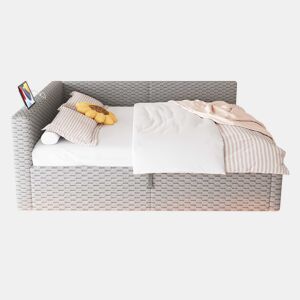 Cama de casal estofada 140x200 cm - com LED, USB e encosto em L, estrutura hidráulica, veludo - Cinza