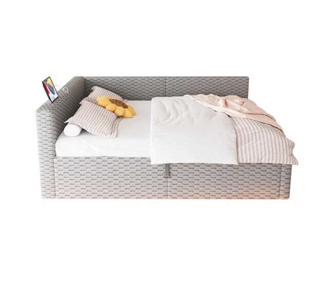 Cama doble tapizada 140x200 cm - con led, usb y respaldo en l, estructura hidráulica, terciopelo - gris