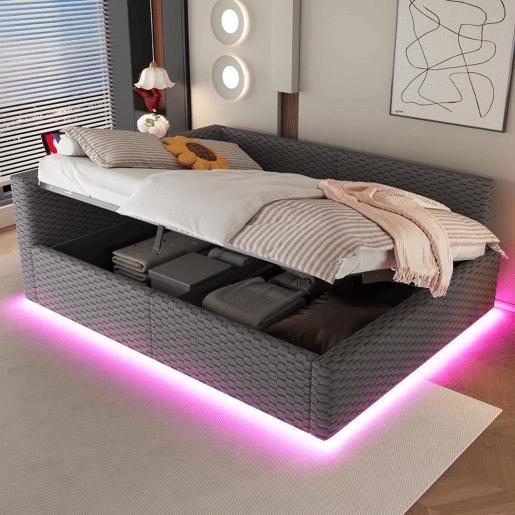 Cama de casal estofada 140x200 cm - com LED, USB e encosto em L, estrutura hidráulica, veludo - Cinza