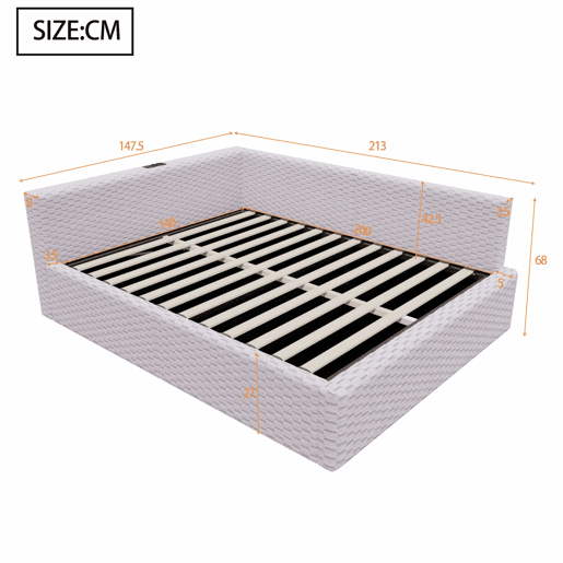 Cama de casal estofada 140x200 cm - com LED, USB e encosto em L, estrutura hidráulica, veludo - Cinza