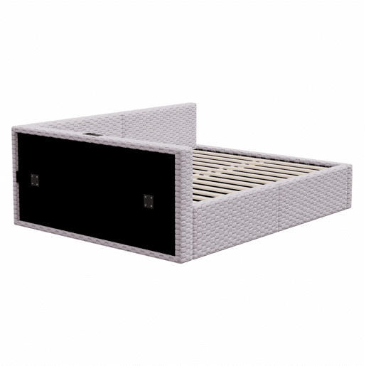 Cama de casal estofada 140x200 cm - com LED, USB e encosto em L, estrutura hidráulica, veludo - Cinza