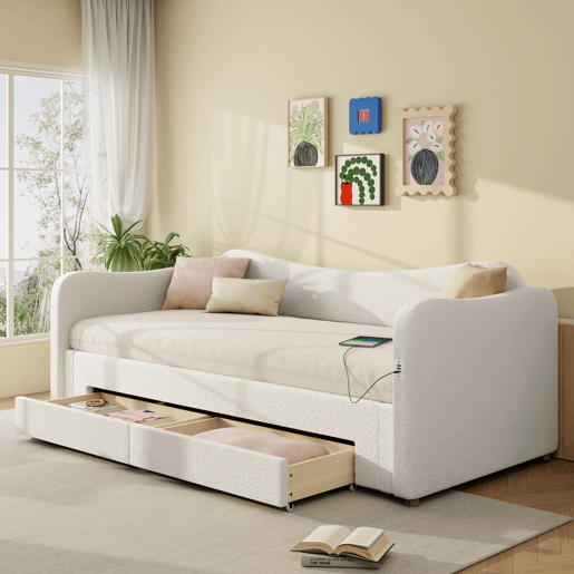 Sofá-cama individual conversível 90x200 cm de tecido,bege