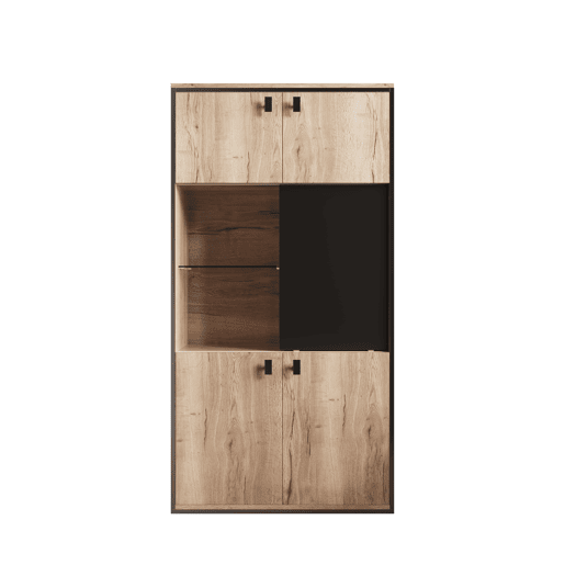 Armário modular - Portas duplas superiores, portas deslizantes centrais, prateleiras abertas - Natural