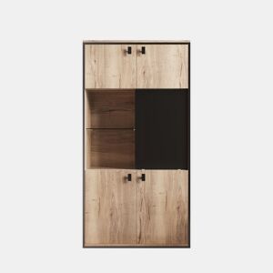 Armário modular - Portas duplas superiores, portas deslizantes centrais, prateleiras abertas - Natural