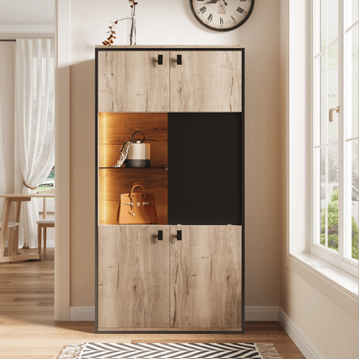 Armário modular - Portas duplas superiores, portas deslizantes centrais, prateleiras abertas - Natural