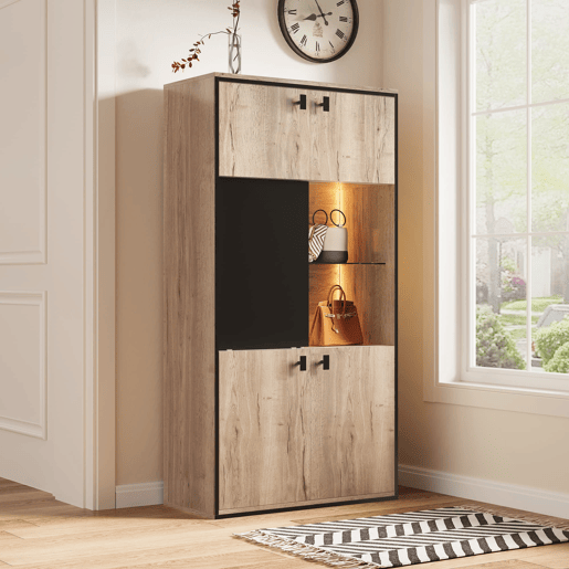 Armário modular - Portas duplas superiores, portas deslizantes centrais, prateleiras abertas - Natural