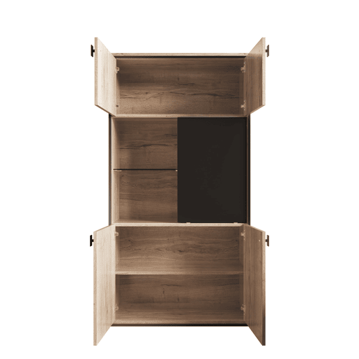 Armário modular - Portas duplas superiores, portas deslizantes centrais, prateleiras abertas - Natural