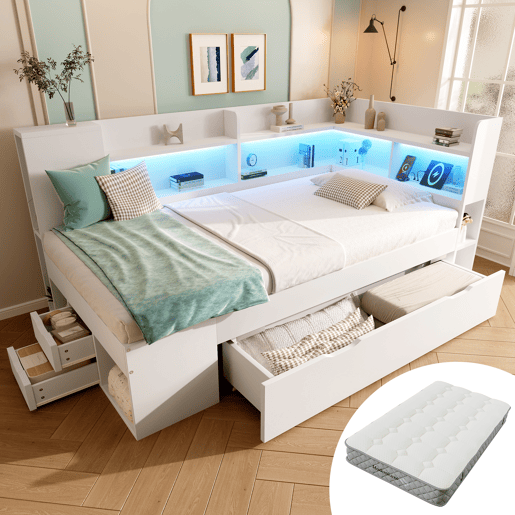 Cama individual 90x200 cm - Funcional com LED, USBTipo-C, arrumação e prateleiras - Branco Cama individual 90x200 cm - Funcional com LED, USBTipo-C, arrumação e prateleiras - Branco