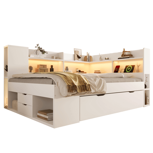 Cama individual 90x200 cm - Funcional com LED, USBTipo-C, arrumação e prateleiras - Branco Cama individual 90x200 cm - Funcional com LED, USBTipo-C, arrumação e prateleiras - Branco