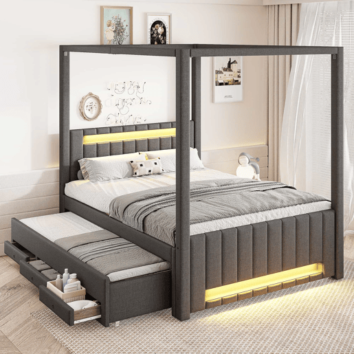 Cama com dossel estofada 140x200 cm - com cama extra, 3 gavetas e iluminação LED - cinzenta