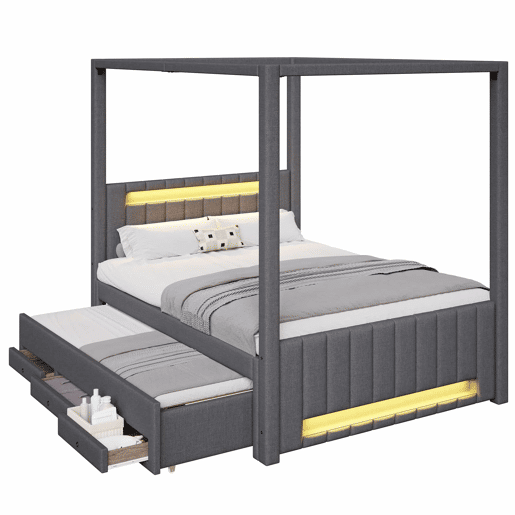 Cama com dossel estofada 140x200 cm - com cama extra, 3 gavetas e iluminação LED - cinzenta